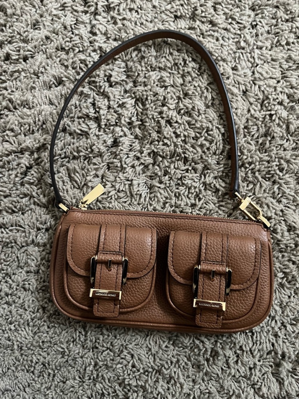 Michael Kors Brown Leather Shoulder Bag with Dual Buckle Pockets